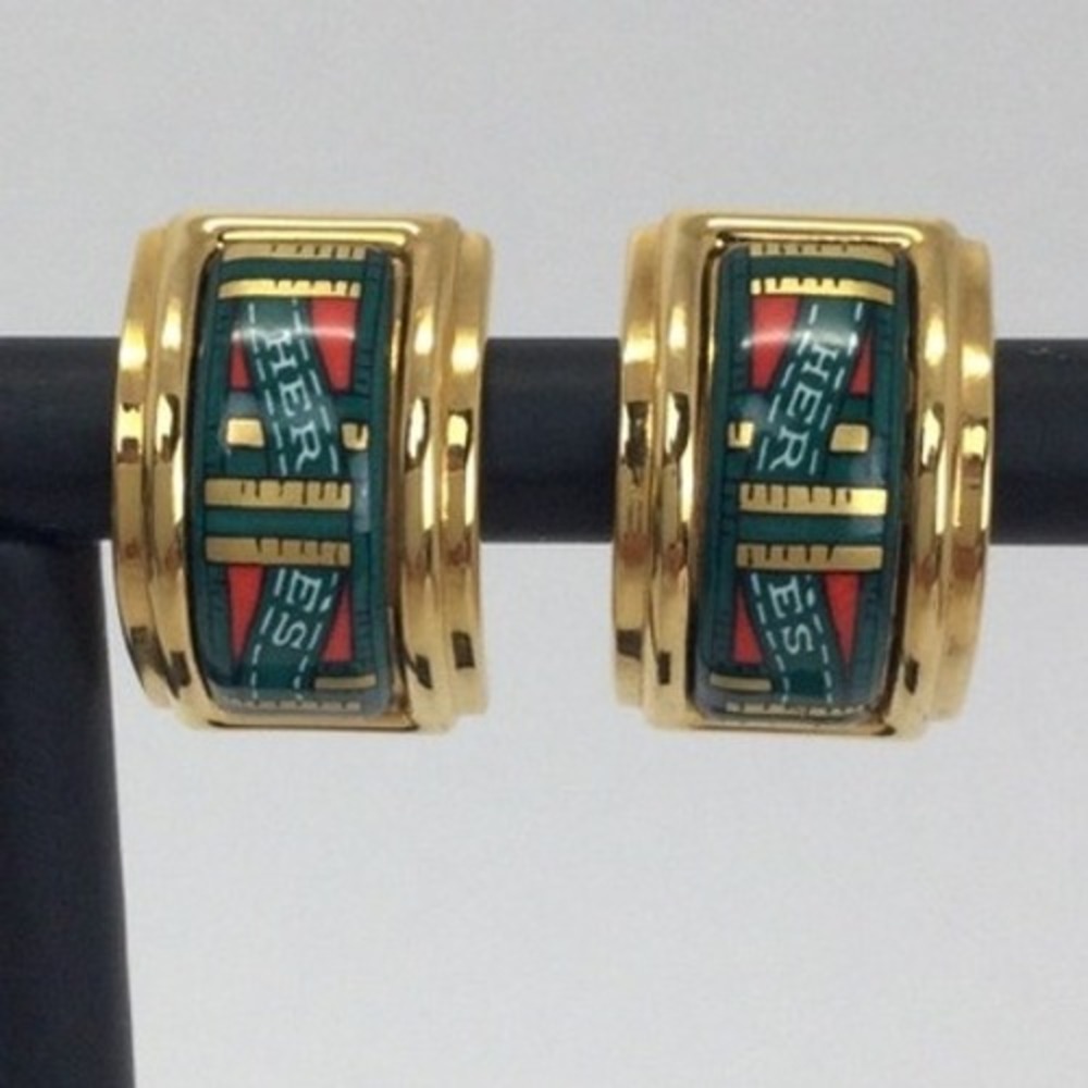 Hermes Vintage Cloisonne' Luxury Enamel Gold Tone Clip on Earrings - Picture 2 of 7